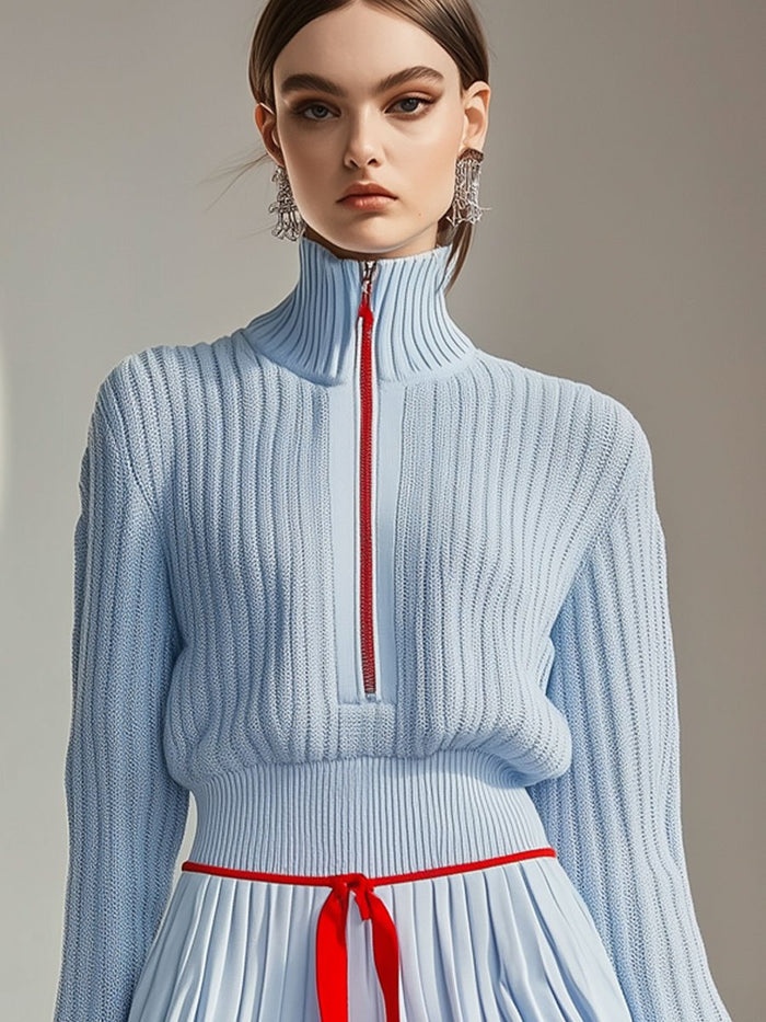 【24-hour shipping out】Casual Fashion Stand Collar Zipper Knitted Sweater Culotte Sports Set  - By Qivii