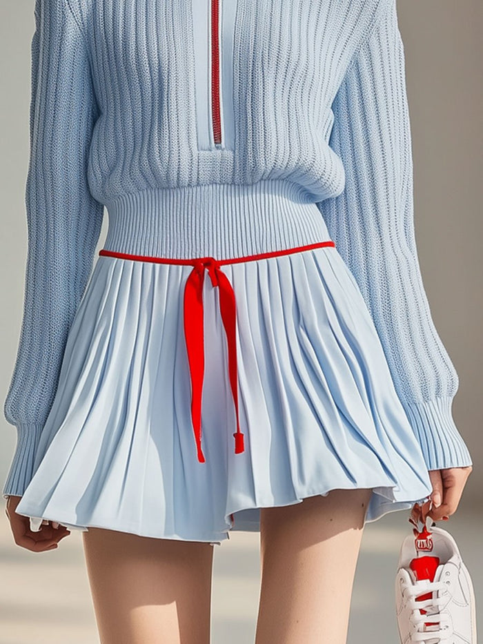 【24-hour shipping out】Casual Fashion Stand Collar Zipper Knitted Sweater Culotte Sports Set  - By Qivii