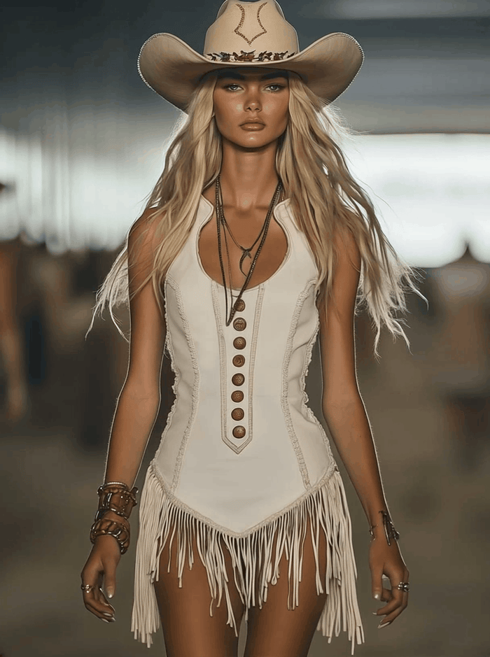 【24-hour shipping out】Elegant Western Chic Round Neck White Tassel Mini Dress  - By Qivii