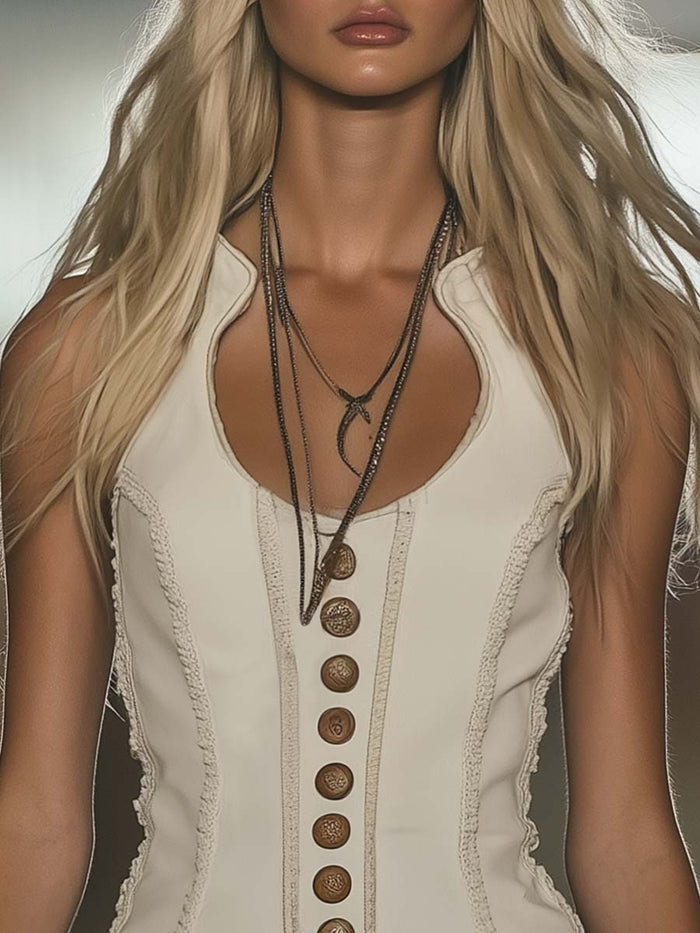 【24-hour shipping out】Elegant Western Chic Round Neck White Tassel Mini Dress  - By Qivii