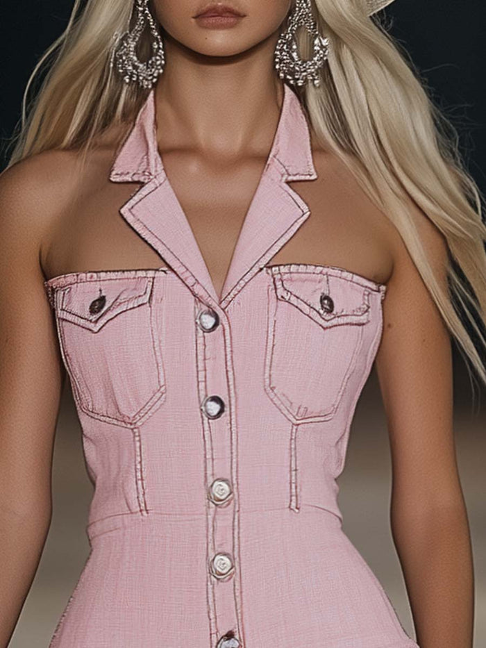 【24-hour shipping out】Fashion Off-The-Shoulder Lapel Front Button Pink Denim Mini Dress  - By Qivii