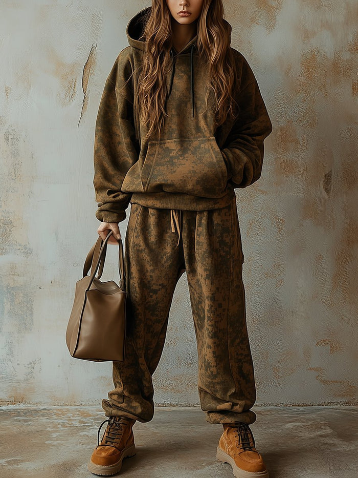 【24-hour shipping out】Fashion Retro Hooded Camouflage Sweatshirt and Leggings Two-piece Suit  - By Qivii