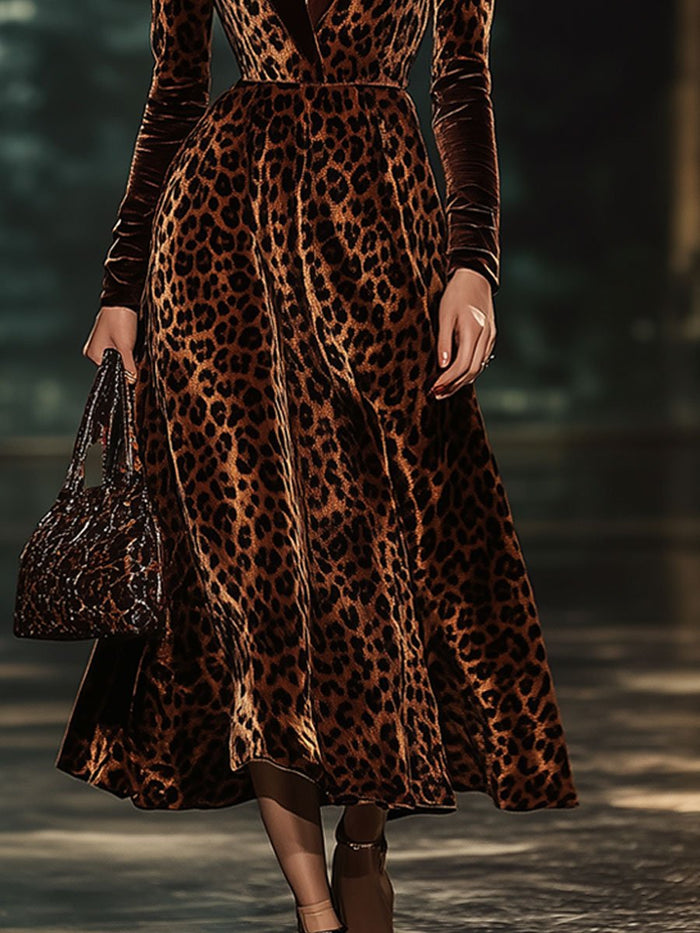【24-hour shipping out】Lapel Fashion Party Leopard Print Velvet Long Sleeve Midi Dress  - By Qivii