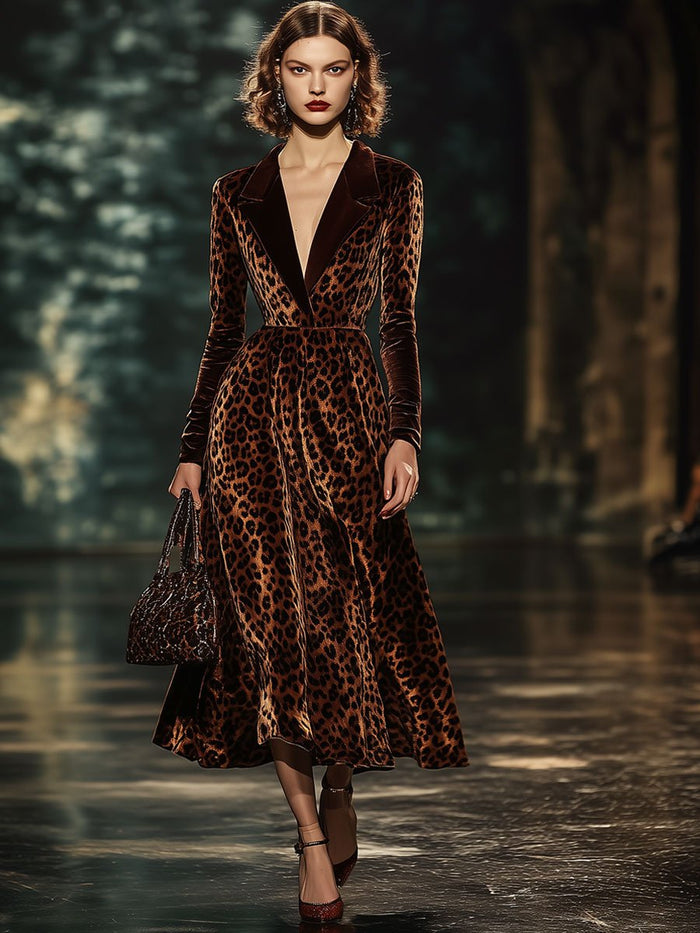 【24-hour shipping out】Lapel Fashion Party Leopard Print Velvet Long Sleeve Midi Dress  - By Qivii