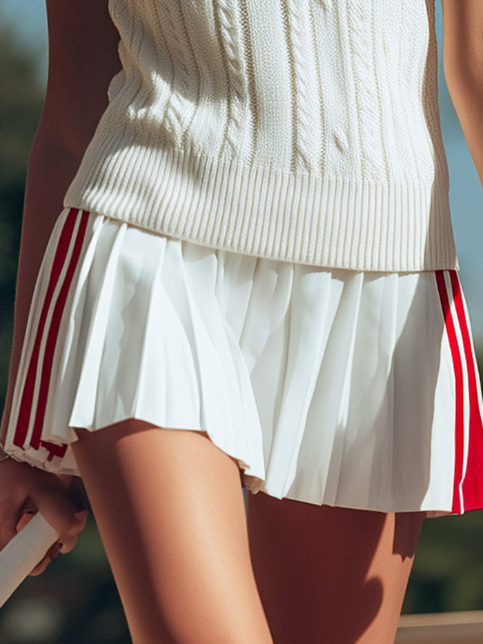 【24-hour shipping out】Retro Sports Style Stand-up Collar Pleated Sleeveless Knitted Top Pleated Skirt Suit  - By Qivii