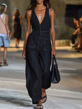 【24-hour shipping out】V-Neck Retro Casual Loose Sleeveless Wide-Leg Denim Jumpsuit  - By Qivii