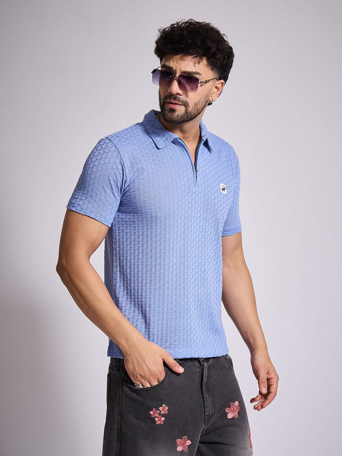 Airy Blue Textured Knitted Polo Tshirt