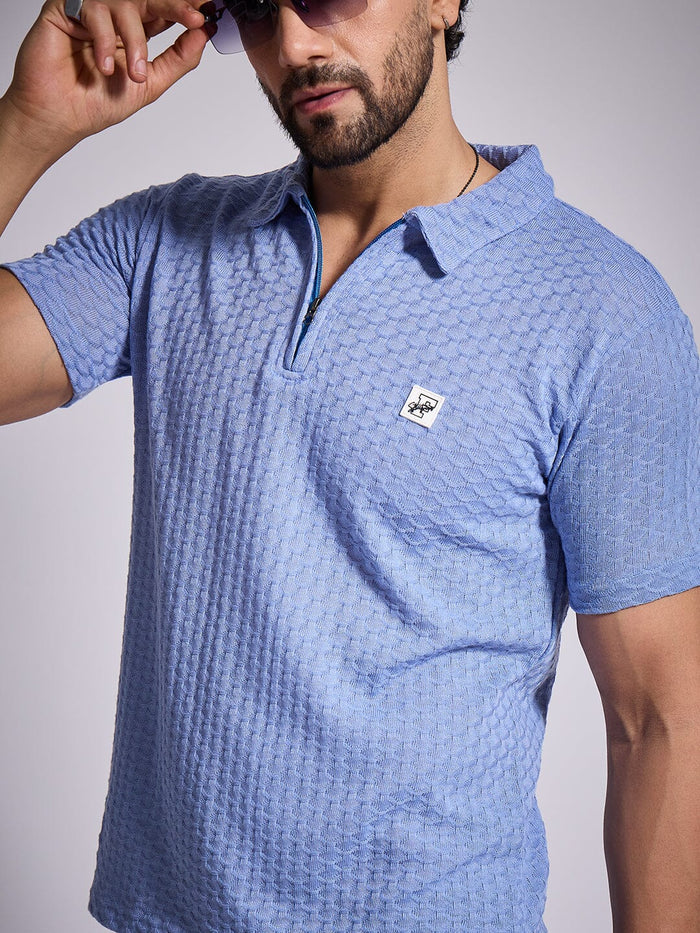Airy Blue Textured Knitted Polo Tshirt