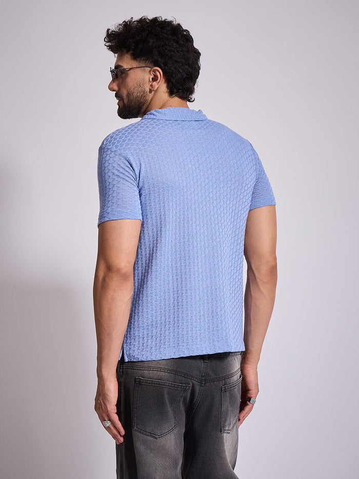 Airy Blue Textured Knitted Polo Tshirt