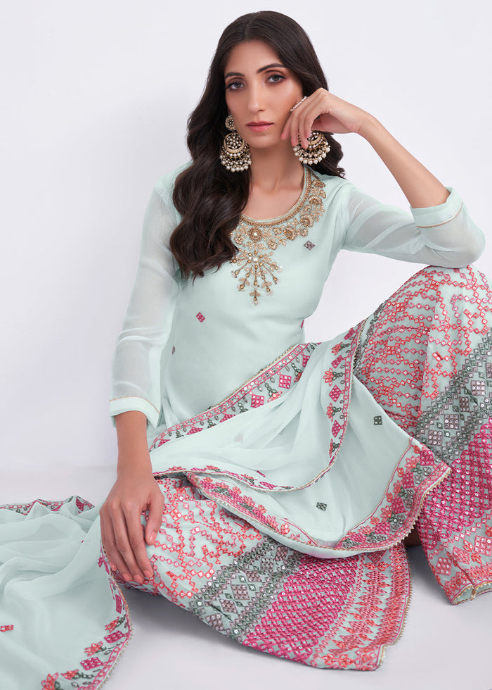 Arctic Blue Designer Georgette Embroidered Suit - qivii