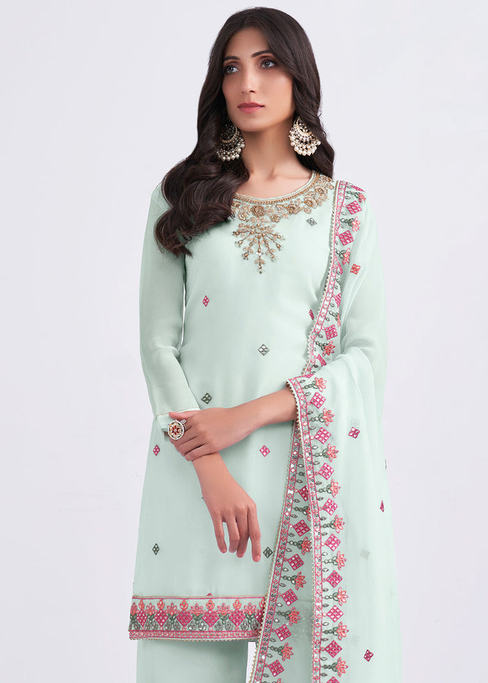 Arctic Blue Designer Georgette Embroidered Suit - qivii