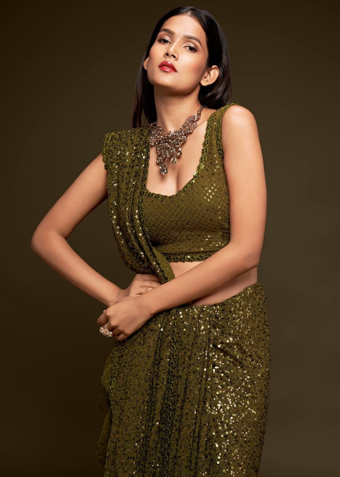 Army Green Sequins & Thread Embroidered Designer Georgette Saree - qivii