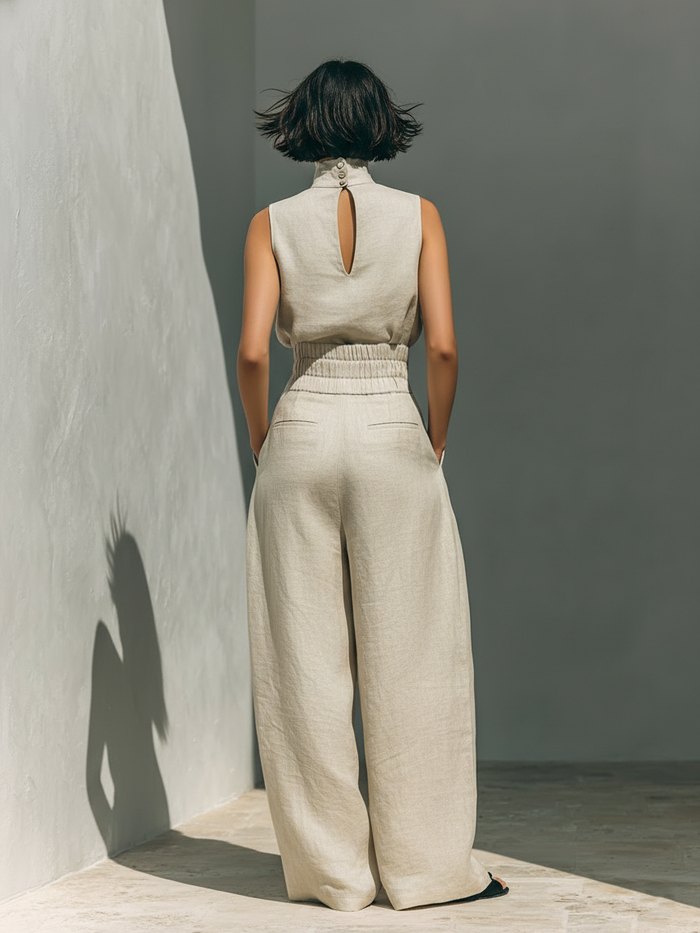 Aurora | Relaxed Beige Sleeveless Wide-Leg Co-Ord Set by Qivii