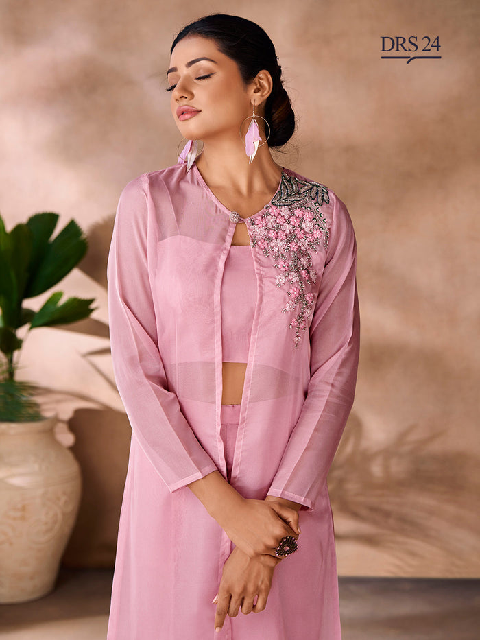 BABY PINK ORGANZA HANDWORK CO-ORD SET - qivii