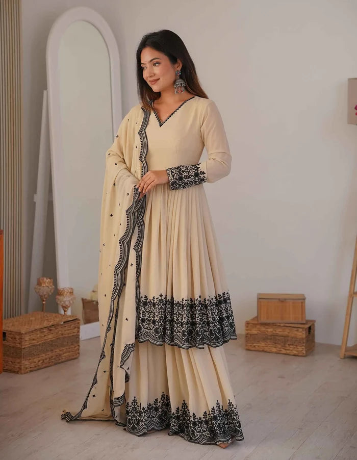 Beige Embroidery Work Sharara Set