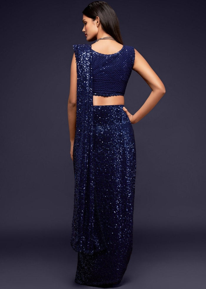 Berry Blue Sequins & Thread Embroidered Designer Georgette Saree : Top Pick - qivii