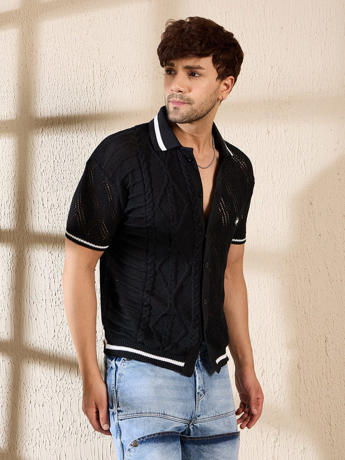 Black Cable Knit Crochet Shirt