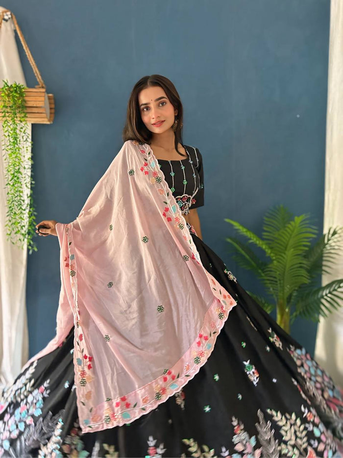 BLACK CHINON SILK WITH EMBROIDERY RAINBOW SEQUENCE AND THREAD DESIGN WORK LEHENGA - INSPIRED | Ready To Wear - qivii