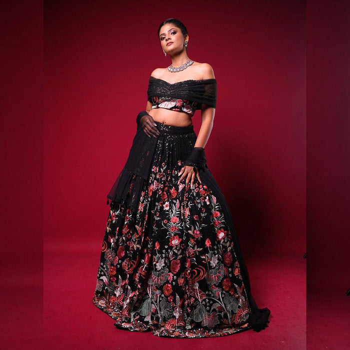 Black Foux Gorgette thread with Sequnce Lehenga Choli - INSPIRED | Ready To Wear - qivii