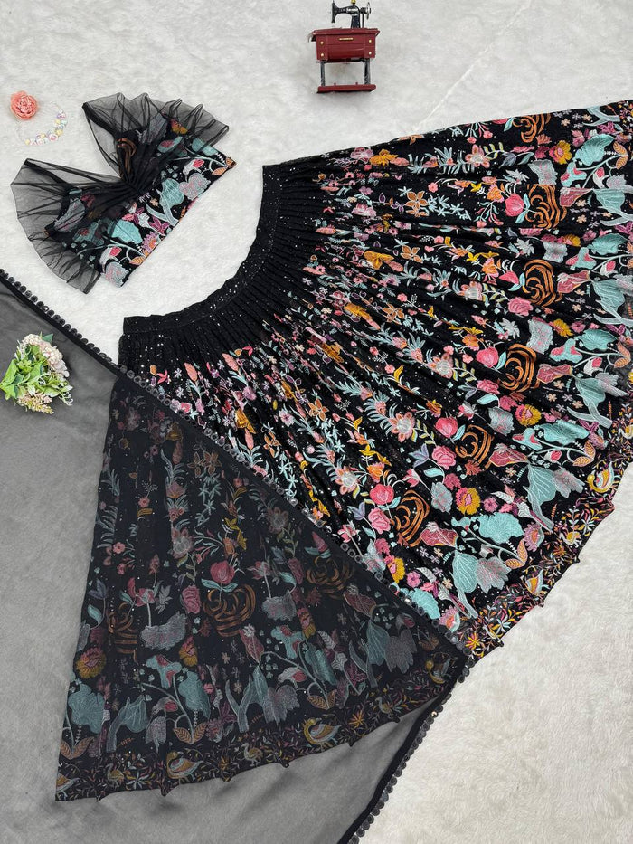 Black Foux Gorgette thread with Sequnce Lehenga Choli - INSPIRED | Ready To Wear - qivii