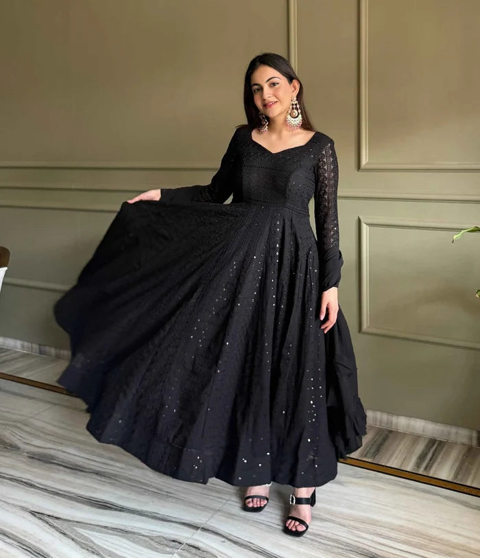 Black Georgette Lukhnowi Work Gown