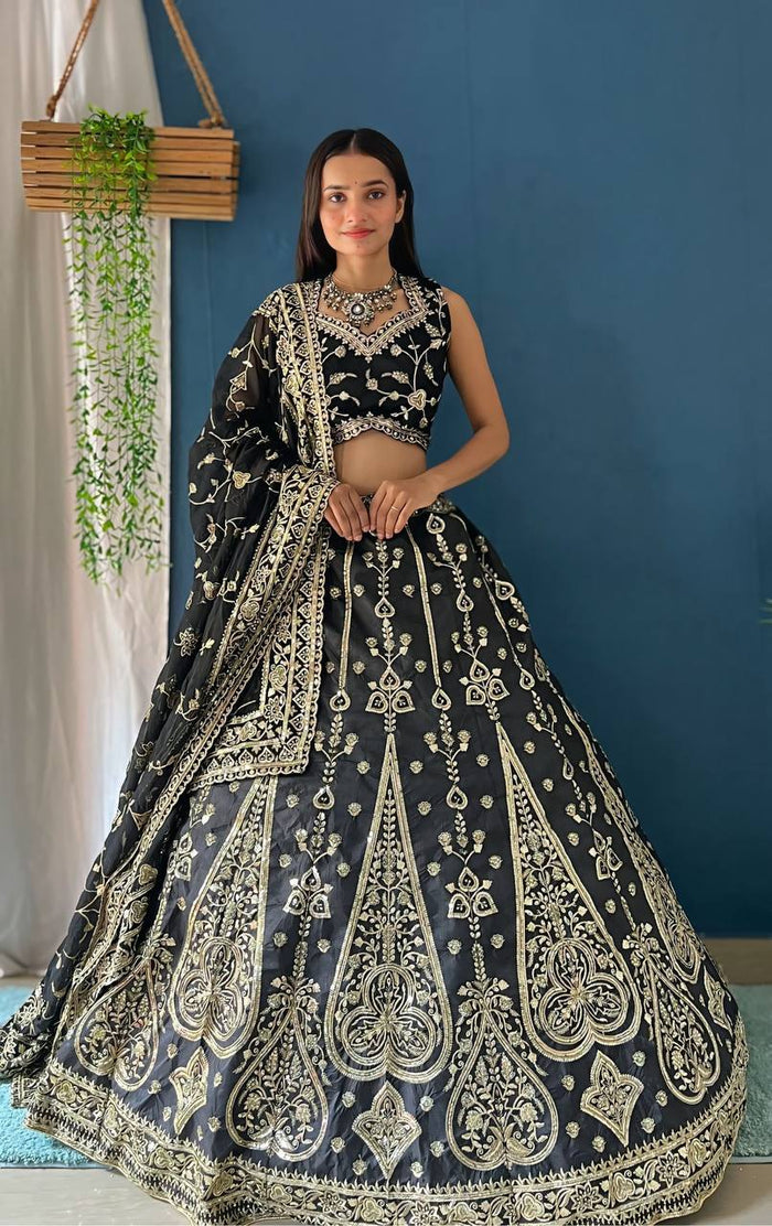 BLACK JALPARI SILK WITH EMBROIDERY SEQUENCE ZARI DESIGN WORK - INSPIRED | Ready To Wear - qivii