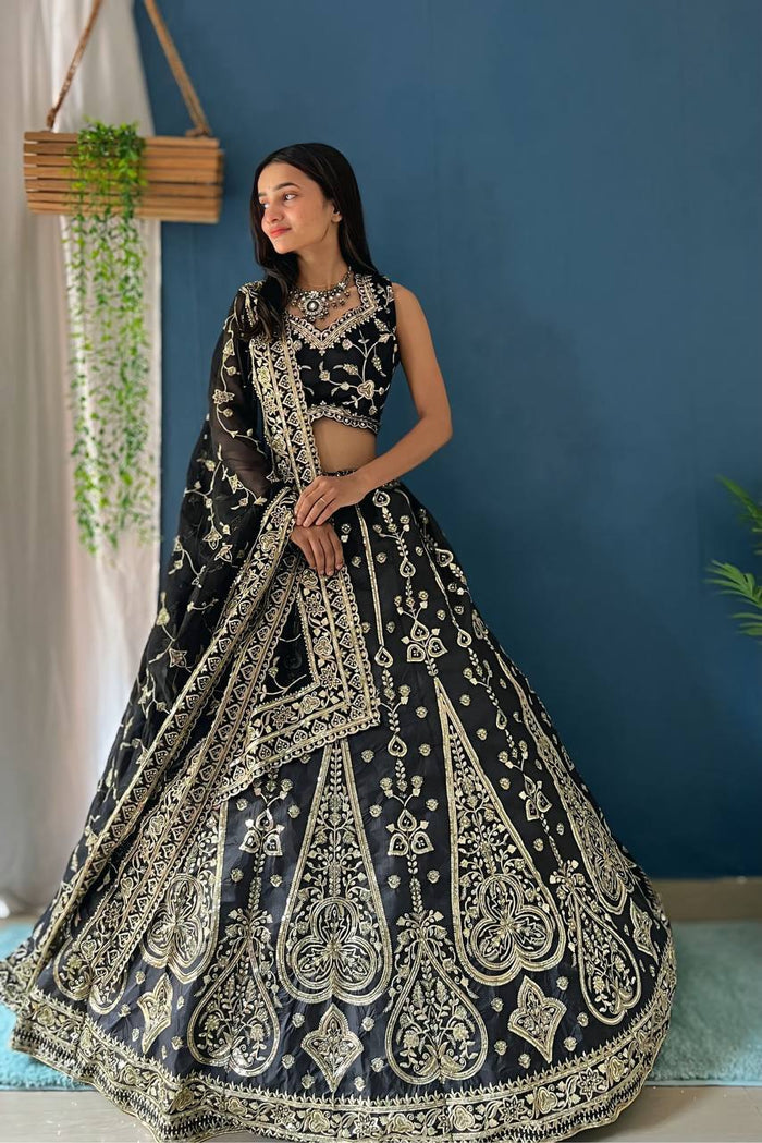 BLACK JALPARI SILK WITH EMBROIDERY SEQUENCE ZARI DESIGN WORK - INSPIRED | Ready To Wear - qivii