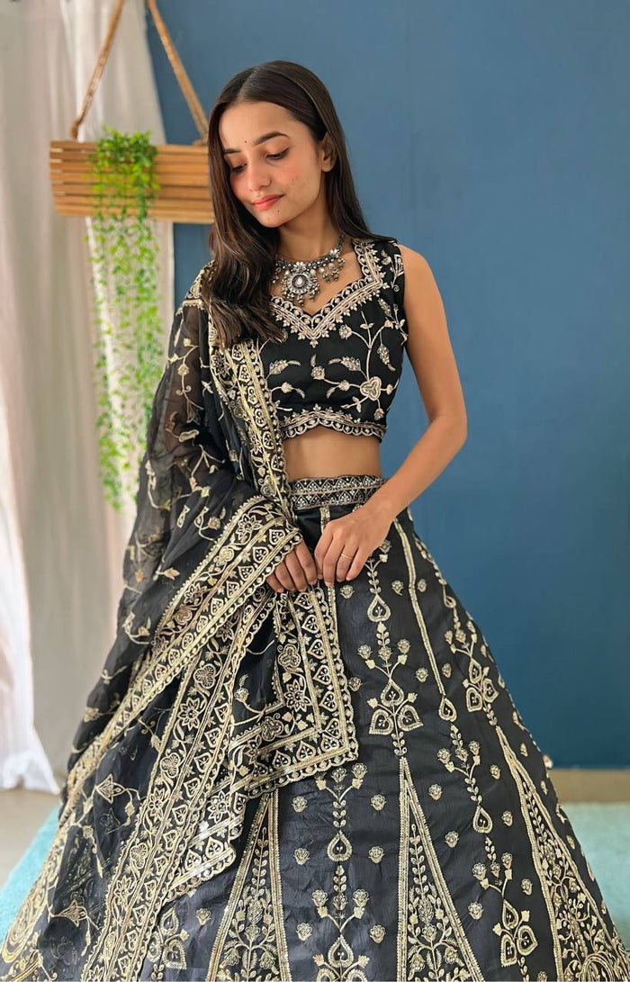BLACK JALPARI SILK WITH EMBROIDERY SEQUENCE ZARI DESIGN WORK - INSPIRED | Ready To Wear - qivii