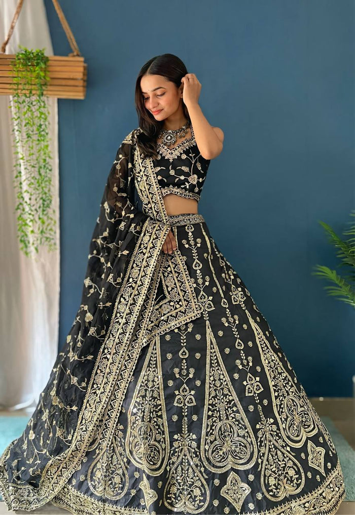 BLACK JALPARI SILK WITH EMBROIDERY SEQUENCE ZARI DESIGN WORK - INSPIRED | Ready To Wear - qivii