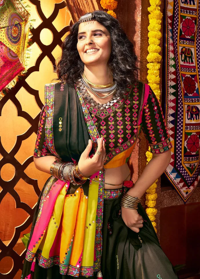 Black Navratri Lehenga Choli With Print & Mirror Work