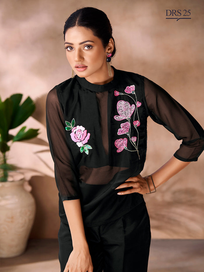 BLACK ORGANZA HANDWORK CO-ORD SET - qivii