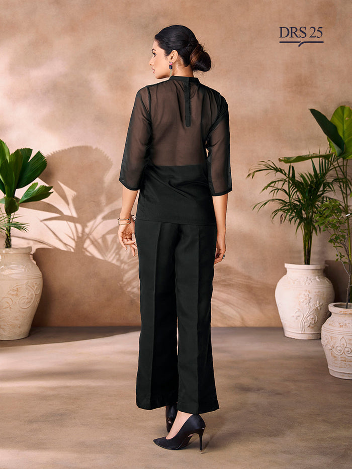 BLACK ORGANZA HANDWORK CO-ORD SET - qivii