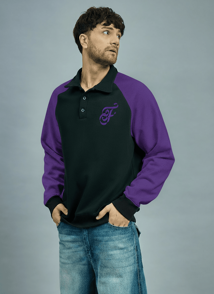 Black & Purple Raglan Polo Sweatshirt