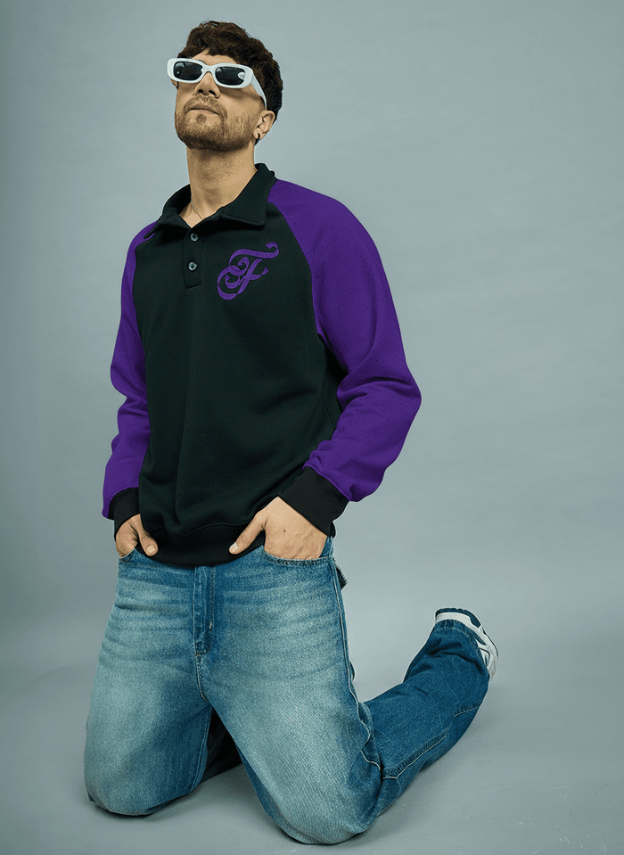 Black & Purple Raglan Polo Sweatshirt