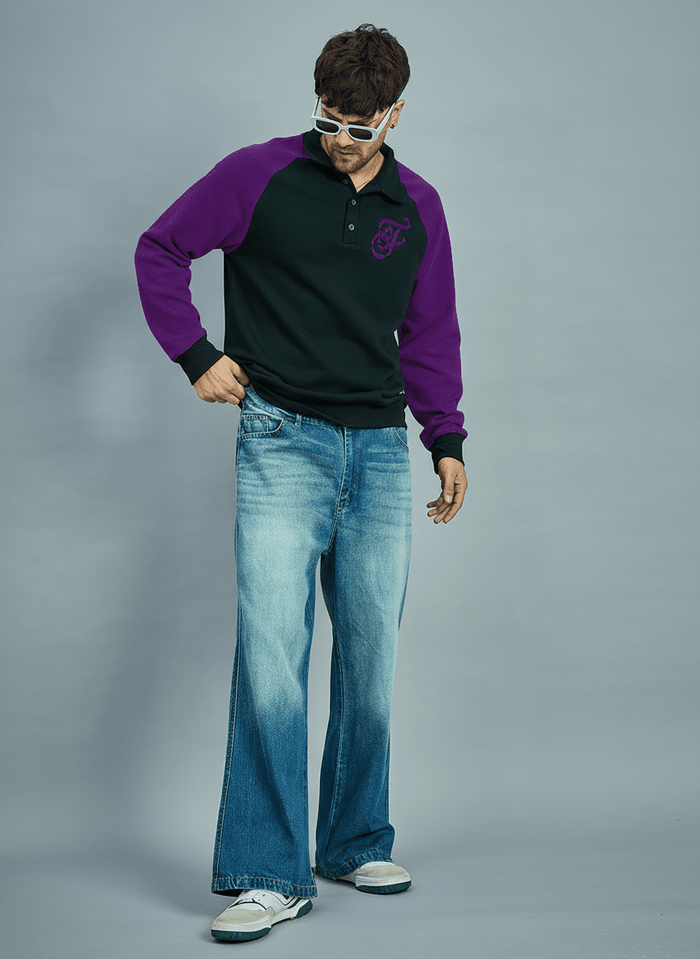 Black & Purple Raglan Polo Sweatshirt