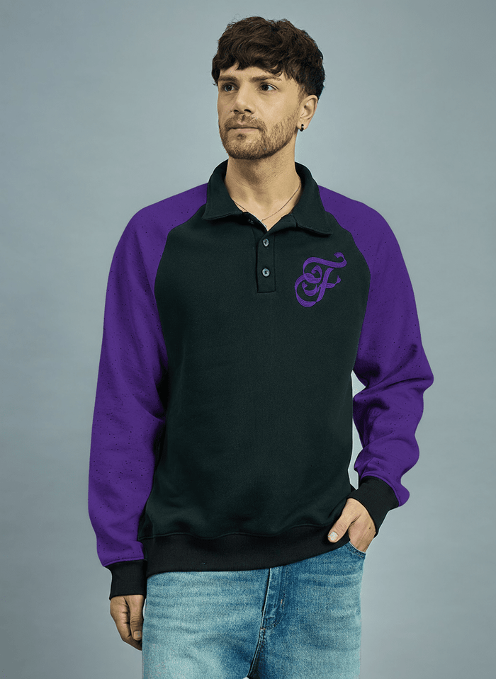Black & Purple Raglan Polo Sweatshirt