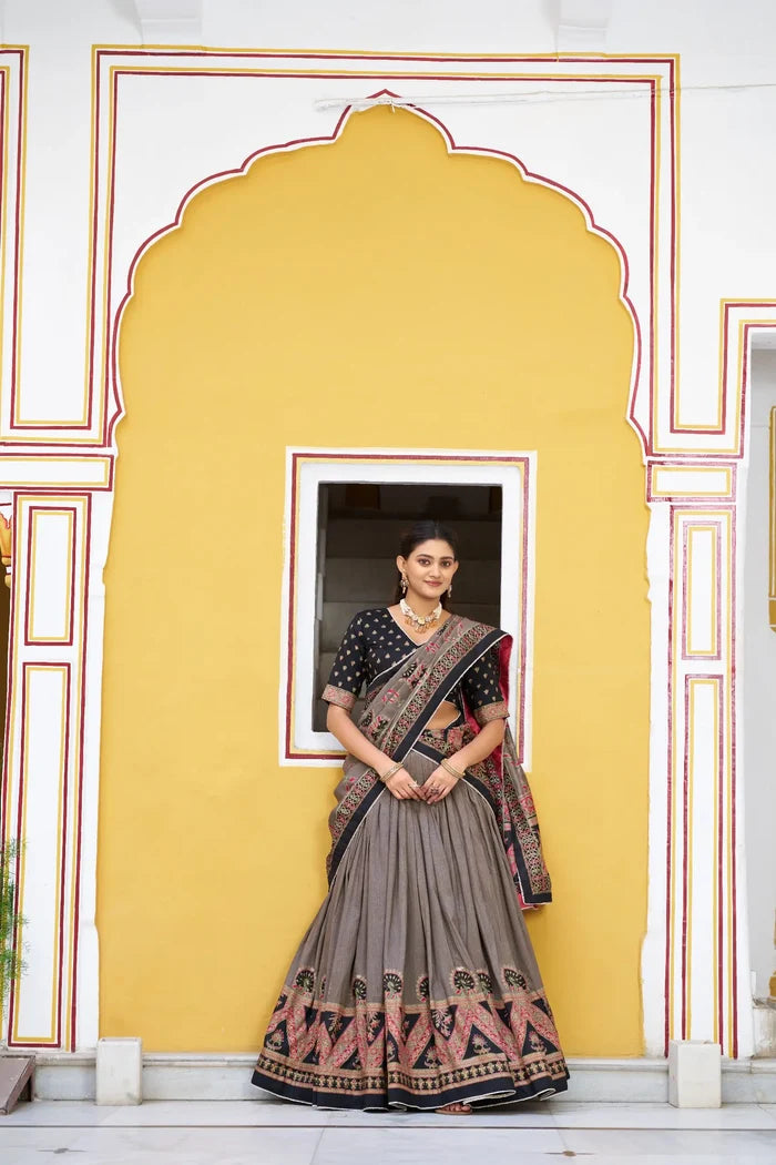 Black Tasar Silk Printed Lehenga Choli