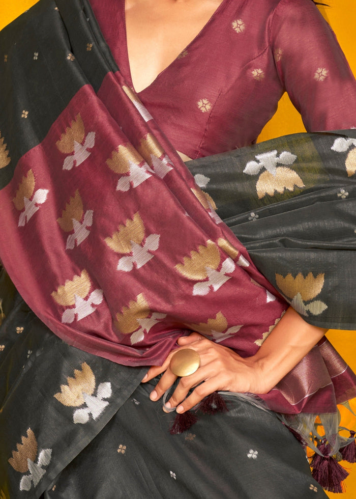 Black Tussar Handloom Weaving Silk Saree - qivii