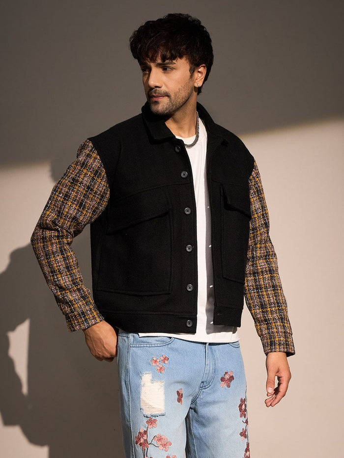 Black Woollen Contrast Sleeves Aviator Jacket