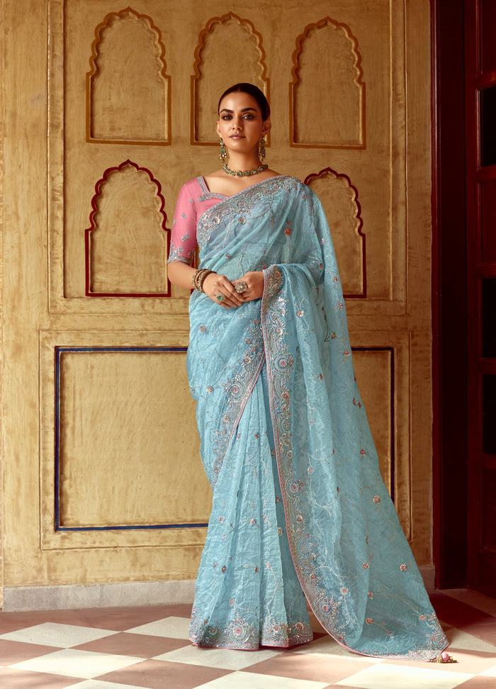 Blue Fancy Fabric Beautified With Sequins ,Dhaga ,Thread Embroidered Work Saree - qivii