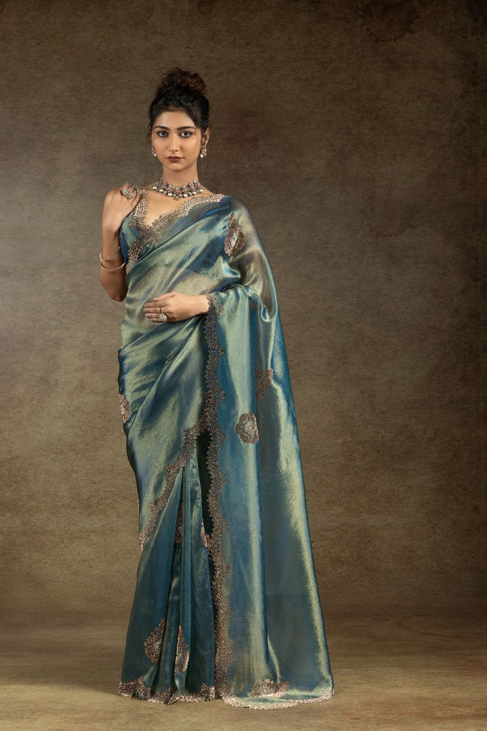 Blue Green Banarasi Silk With Hand Work & Zarkan Work Saree - qivii