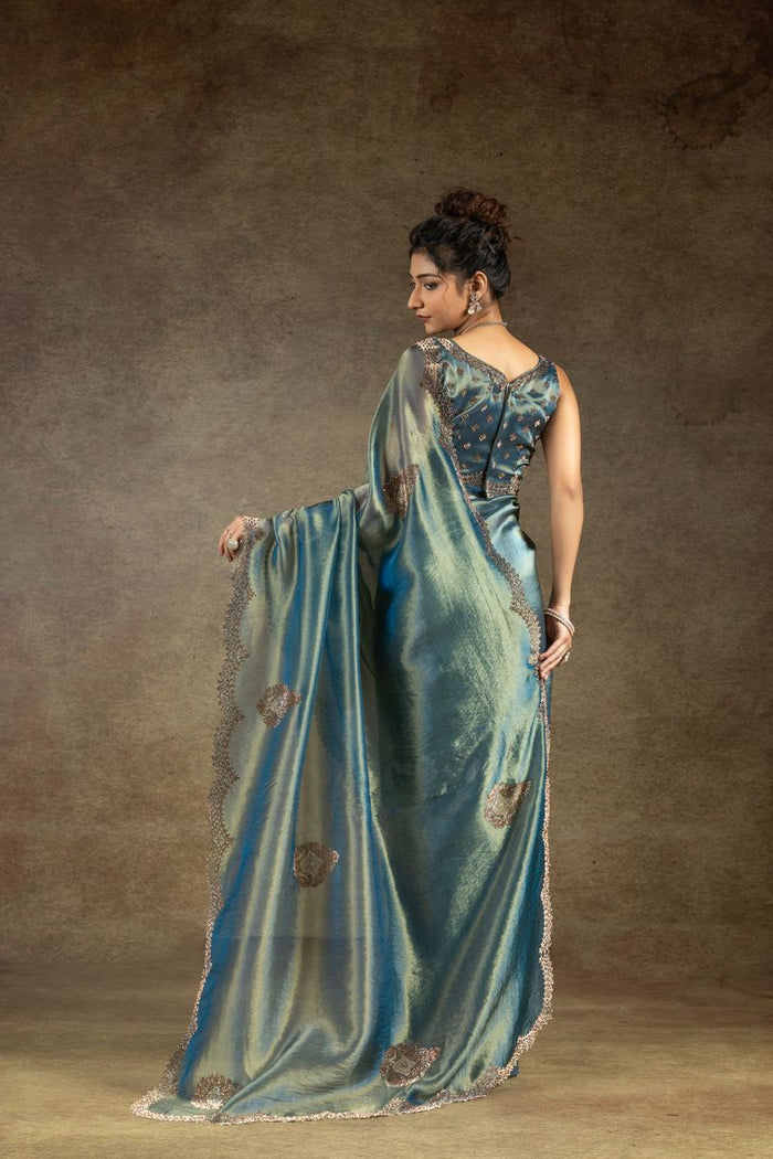 Blue Green Banarasi Silk With Hand Work & Zarkan Work Saree - qivii