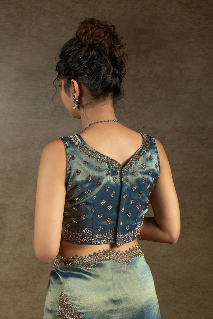 Blue Green Banarasi Silk With Hand Work & Zarkan Work Saree - qivii