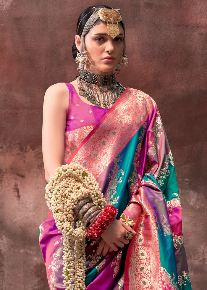 Blue & Pink Rangkaat Handloom Silk Saree - qivii