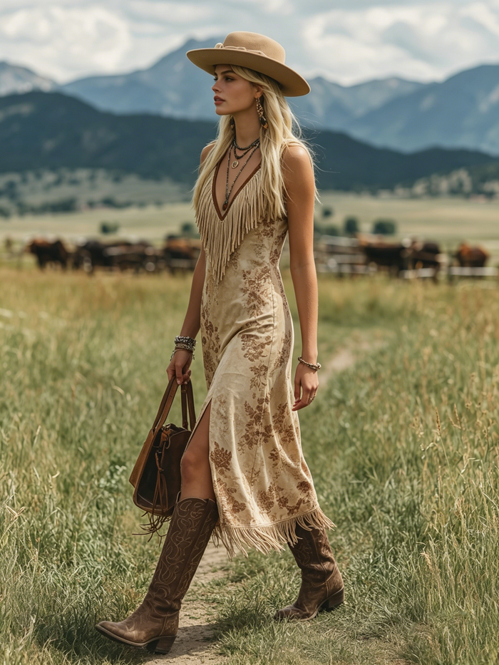 Bohemian V-Neck Fringe Sleeveless Printed Faux Suede Midi Dress  - By Qivii