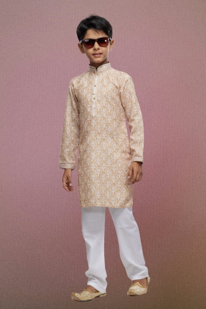Boy's Beige Cotton Thread Work Kurta Set