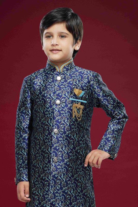 Boy's Blue Banarasi Jacquard Woven Work Indo Western Set