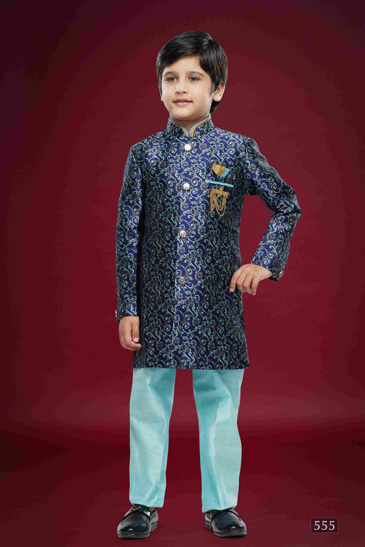 Boy's Blue Banarasi Jacquard Woven Work Indo Western Set
