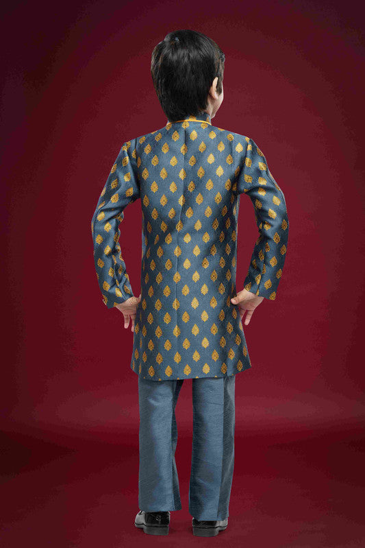 Boy's Dark Grey Banarasi Jacquard Woven Work Indo Western Set