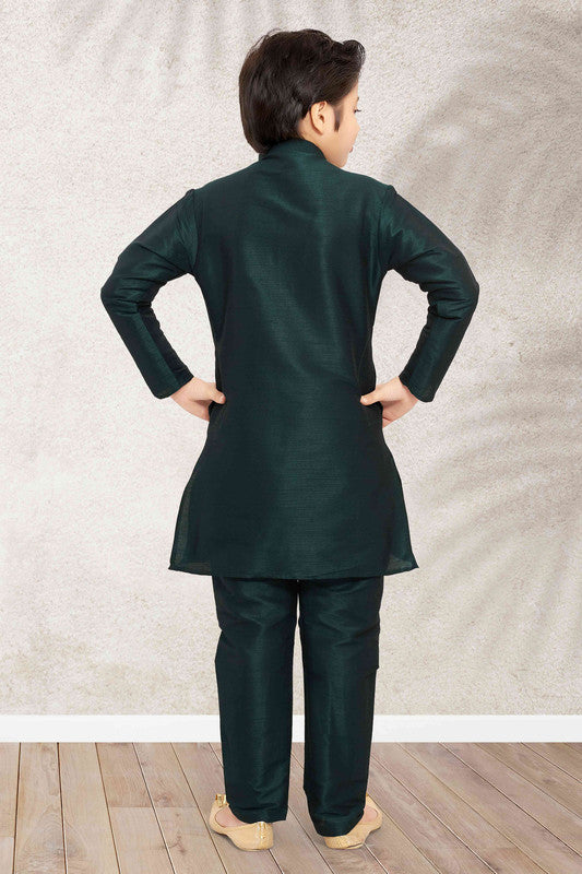 Boy's Green Art Banarasi Silk Solid Kurta Set
